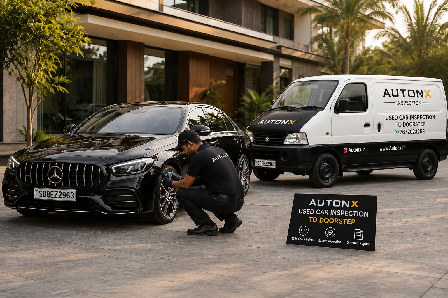 Autonx inspector performing professional pre-purchase car inspection on luxury Mercedes